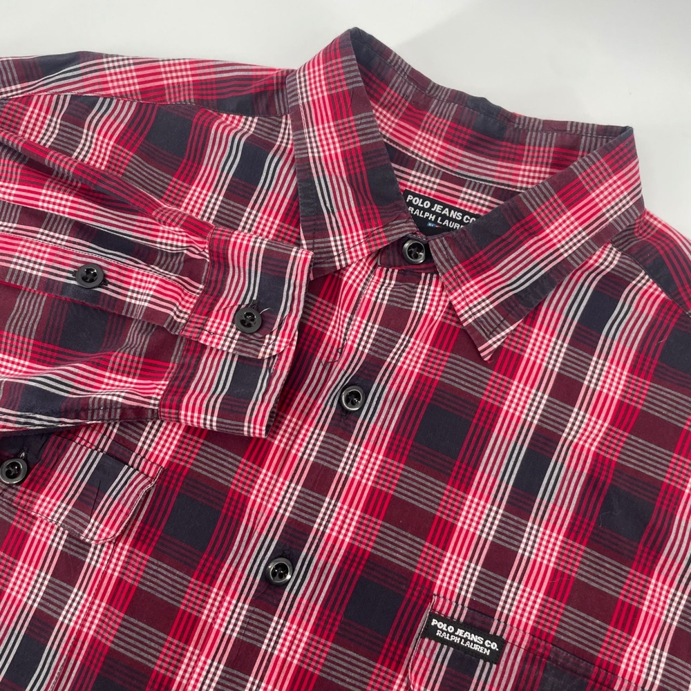 Polo Jeans Co Button Down Mens Large Red Plaid Cotton Long Sleeve Shirt Pocket